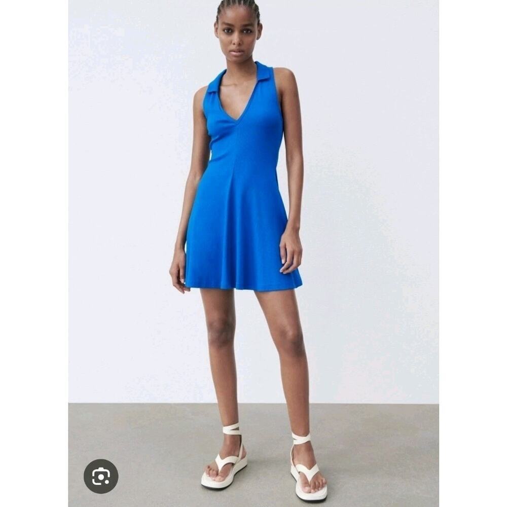 Zara Cobalt Blue Ribbed Tennis Sporty Fit & Flare Collared Mini Dress Size Small